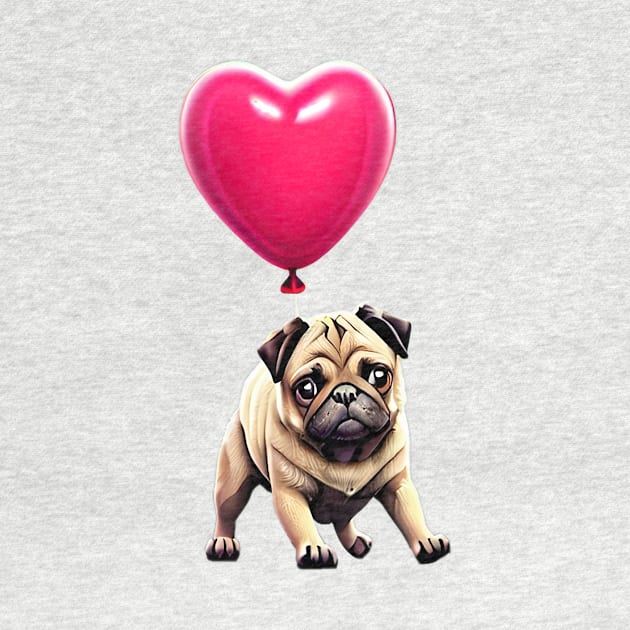 Cute Pug on Valentine's Balloon - Adorable Pug Hanging on Heart Balloon by fur-niche